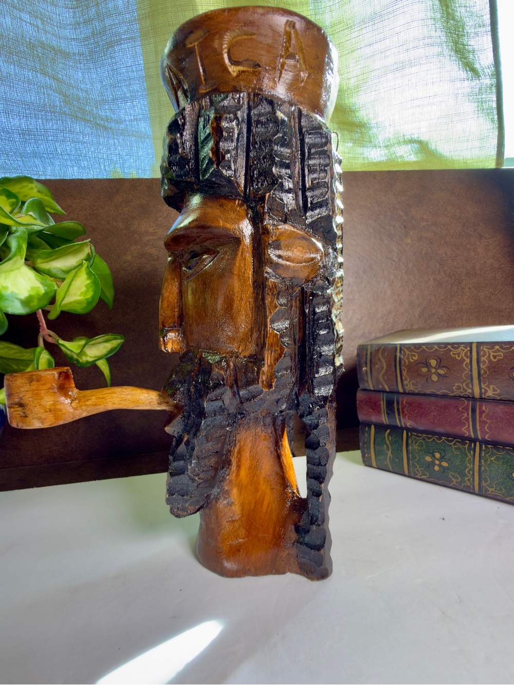Hand-Carved Wooden Tribal Bust Sculpture in Brown